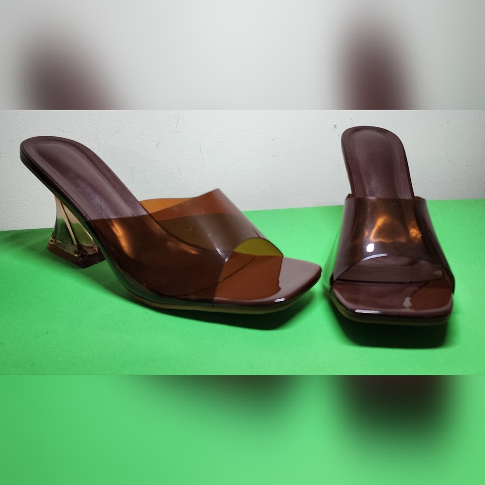 4 Inch Open Toes Mules High Heels Transparent Brown